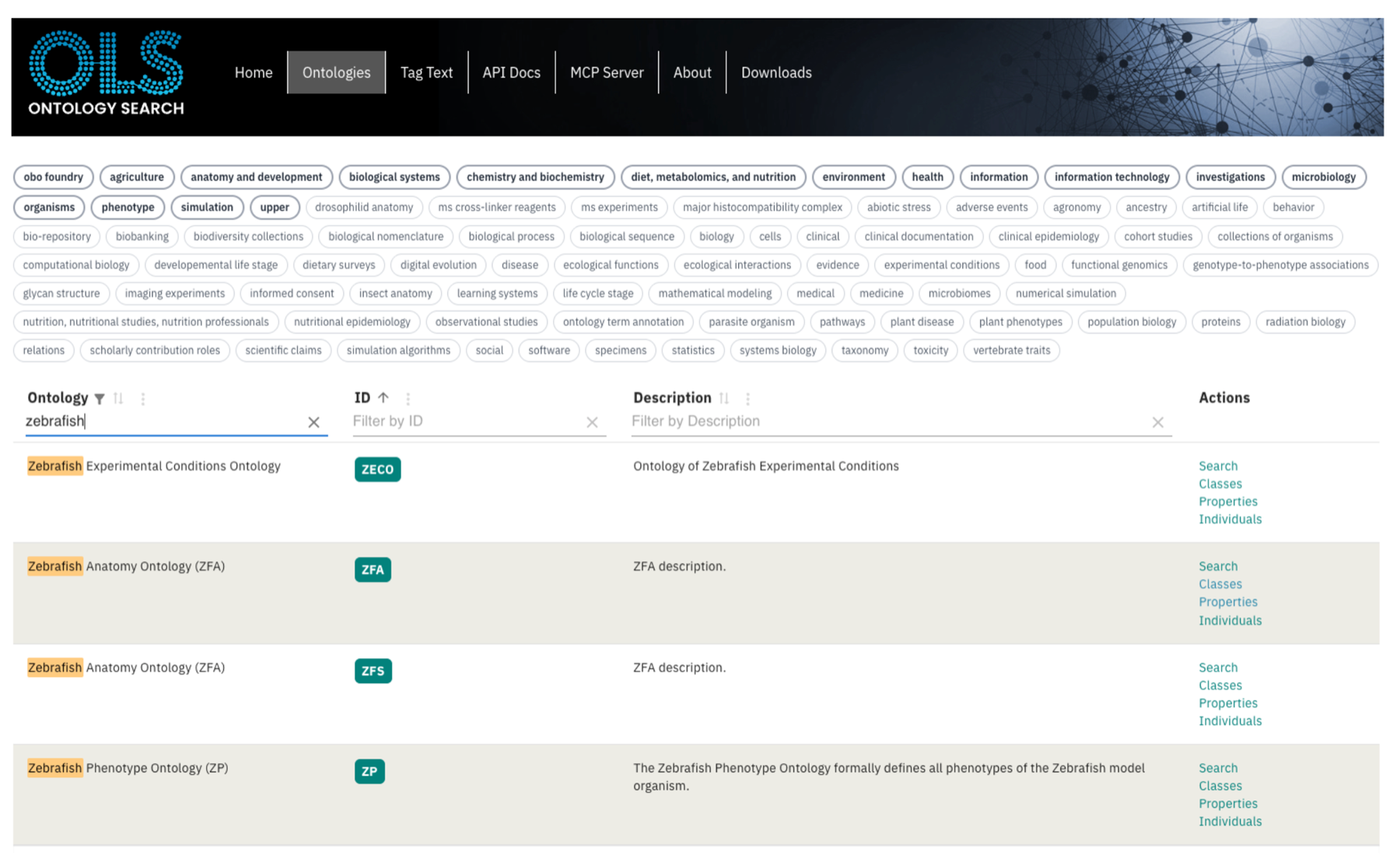 The Ontology tab lists available ontologies. Users can identify specific ontologies by searching with keywords or applying filters within the interface.