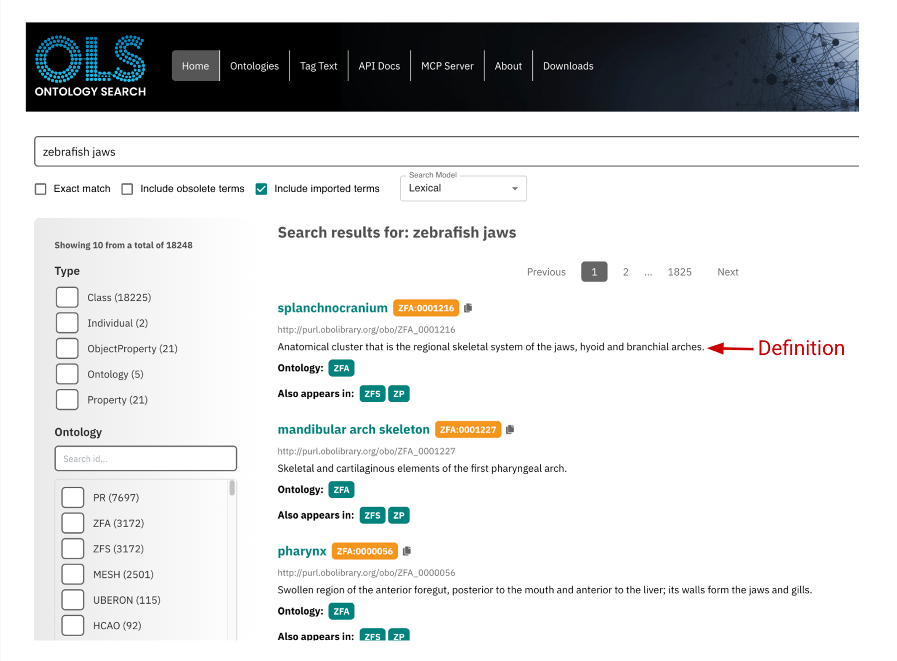 Search results showing matching terms, including the term ID, definition and associated ontologies.